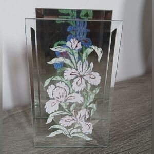 Vtg Floral Handpainted Bevelled Glass Mirror Tealight Votive Candle Holder